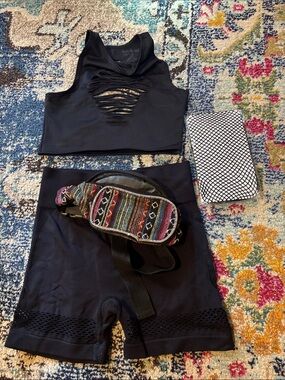 FESTIVAL \RAVE BUNDLE!! Black Crop Tank and High-Waist Mesh Shorts Set